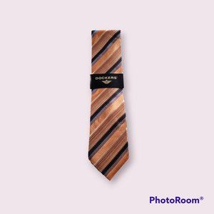 DOCKERS Mens 100% Silk Orange Blue Neck Tie STANDARD Classic Striped Colorful